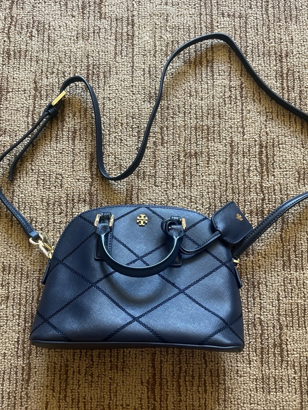 Tory Burch Robinson Stitched Mini Dome Satchel in Navy Blue